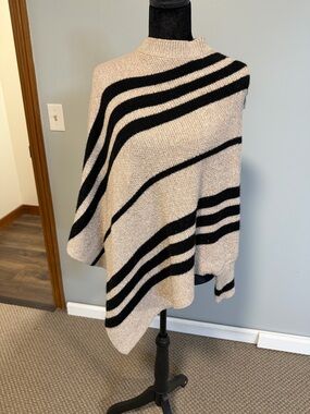 SHEIN Beige & Black Striped Asymmetrical Poncho Sweater | Size M | Cozy Chic